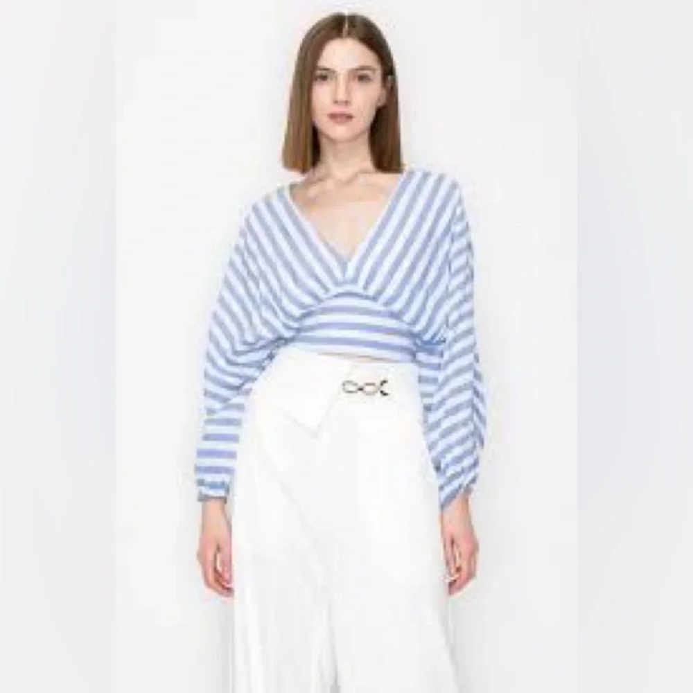 NEW Anthropologie Dolan Striped V-Neck Cropped Puff Sleeve Blouse